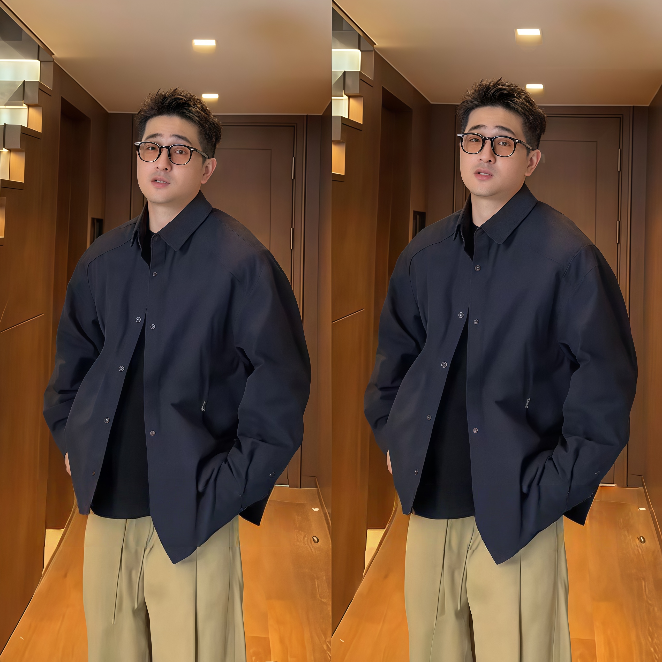秋季新款高街宽松设计条纹假两件外套男士高级感时尚休闲衬衣夹克