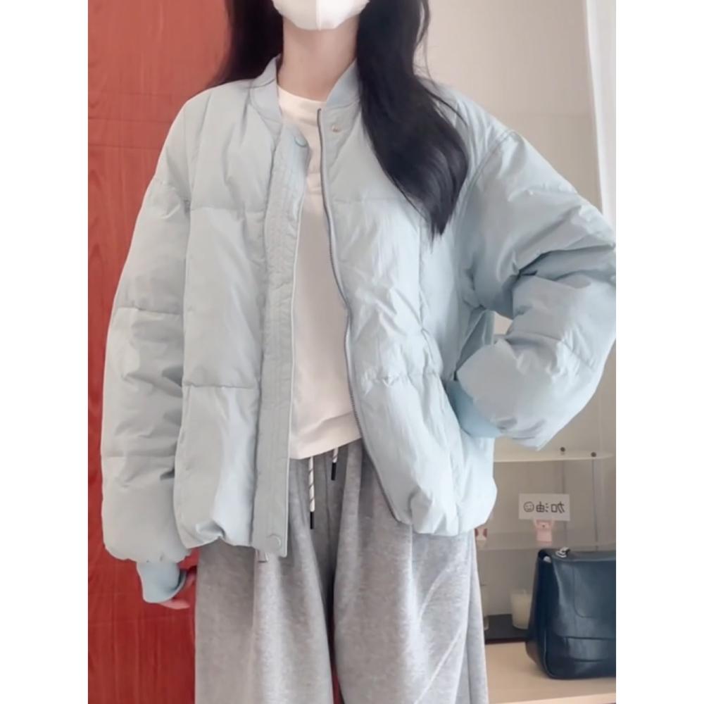 大码蓝色短款圆领棉服女2025冬季加厚保暖面包服夹棉棉衣棉袄外套
