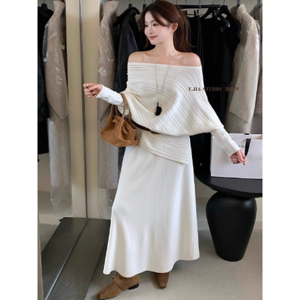 毛衣两件套韩系露肩不规则针织小衫简约百搭松紧腰针织半身裙套装