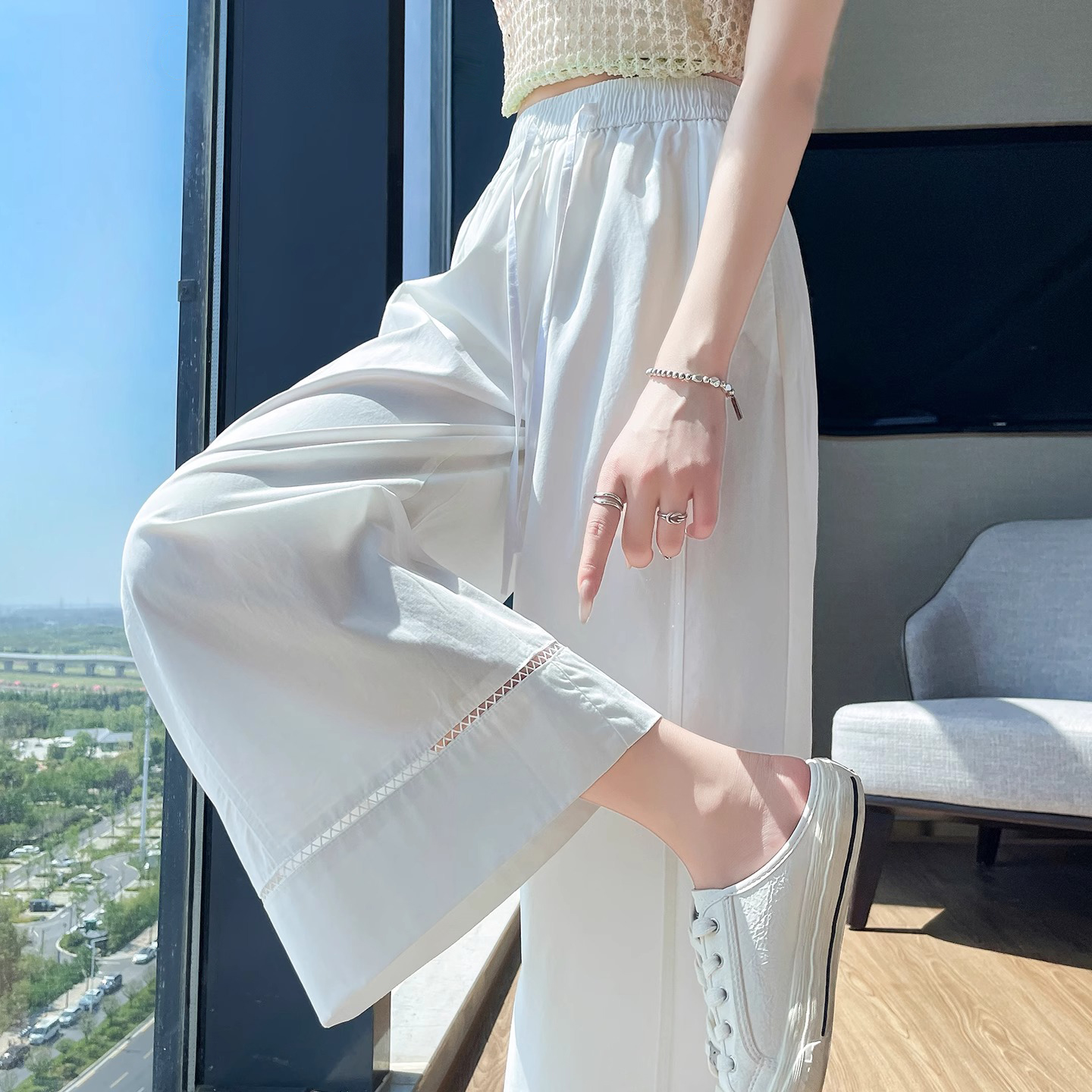 白色镂空天丝花边阔腿裤女夏季薄款高腰小个子九分显瘦垂感休闲裤