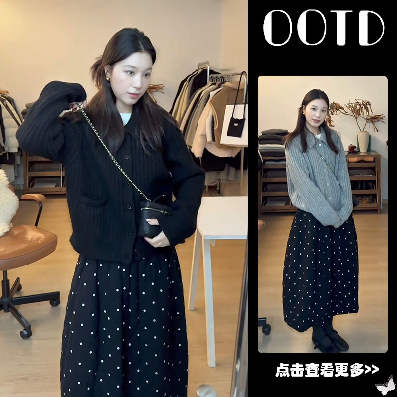 秋冬穿搭一整套女2025新款黑色宽松翻领针织衫波点半身裙两件套