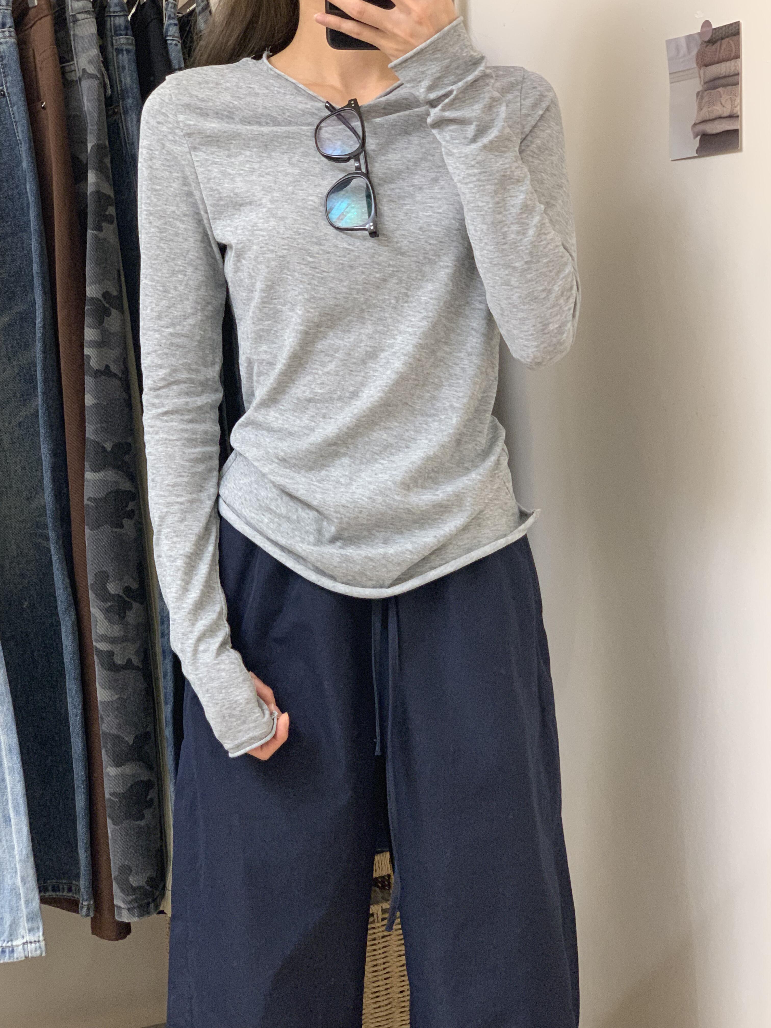 夏季卷边纸片人新款纯色薄款修身圆领长袖t恤女收腰显瘦百搭上衣