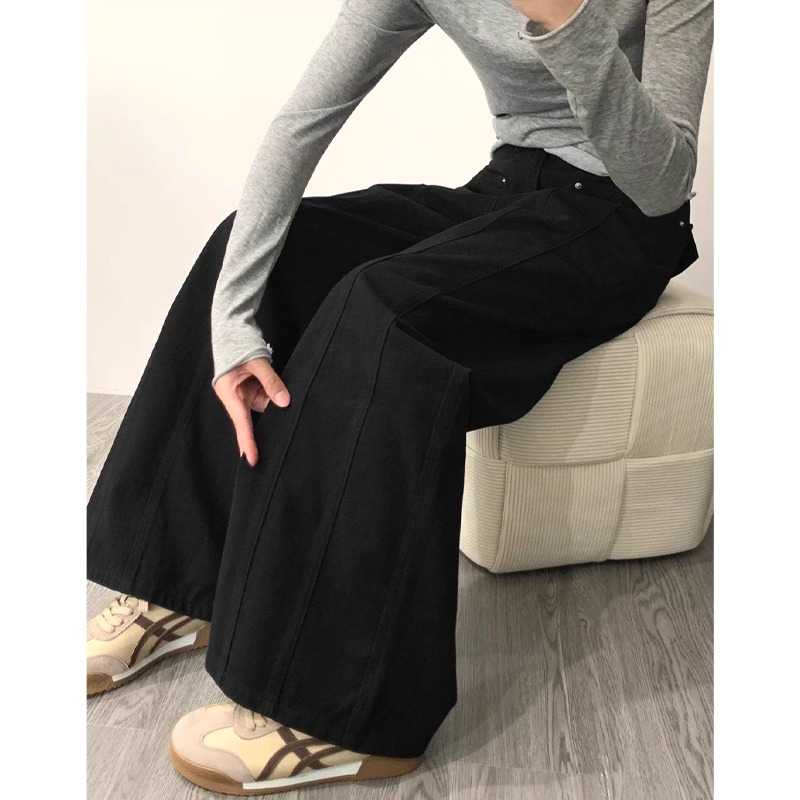 慵懒松弛感黑色牛仔裤女2025新款胖mm梨形身材高腰宽松显瘦阔腿裤