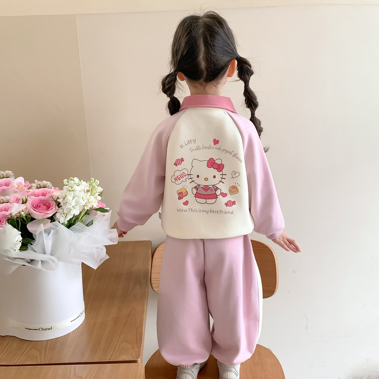 童装儿童套装早秋Polo领插肩袖卡通卫衣卫裤两件套休闲宽松可爱