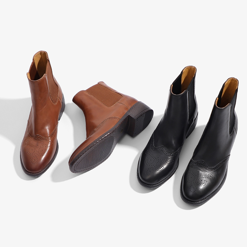 MR·T手工女鞋~布洛克雕花复古切尔西短靴女2025新款法式小踝靴