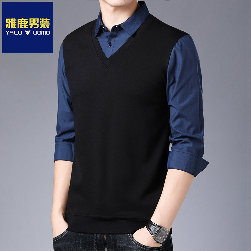 雅鹿男装男士春秋季针织衫中青年假两件毛衣加绒加厚衬衫领打底衫