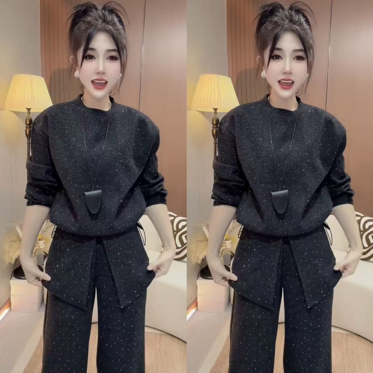 2026春新款时尚套装洋气满天星气质遮肚显瘦高级感女阔腿裤三件套