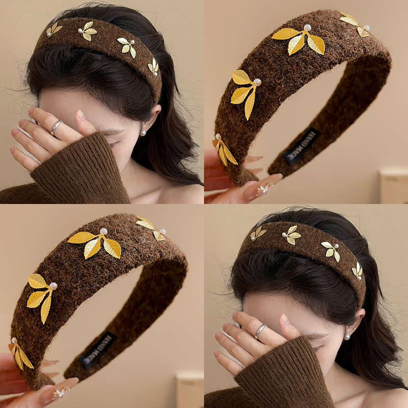 复古美拉德枫叶毛呢宽边发箍女秋冬日常外戴压发捆头饰高颅顶头箍