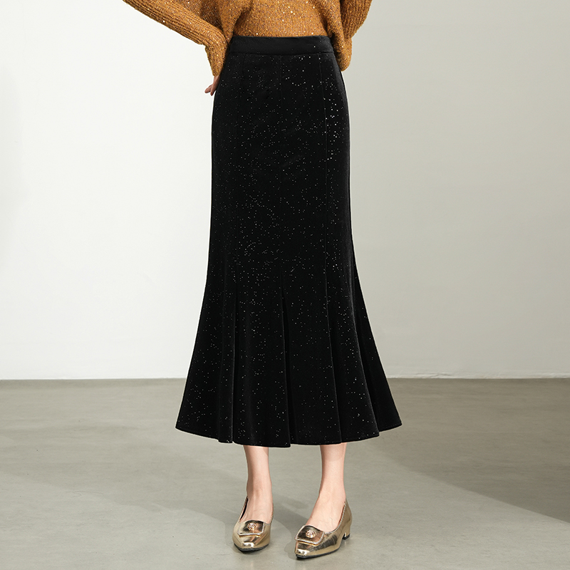 优雅气质满天星亮晶晶金丝绒鱼尾裙中长款女秋冬高腰包臀裙半身裙
