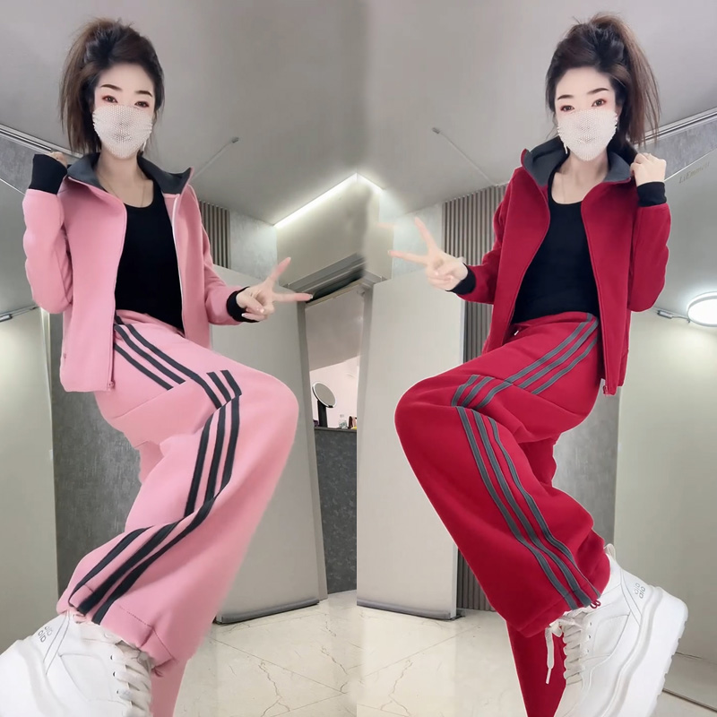 春洋气减龄休闲运动套装68190网红时尚连帽卫衣宽松阔腿裤二件套-