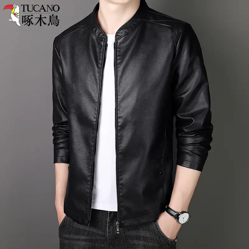 啄木鳥男士春秋季海宁皮衣韩版帅气时尚加绒加厚修身上衣外套