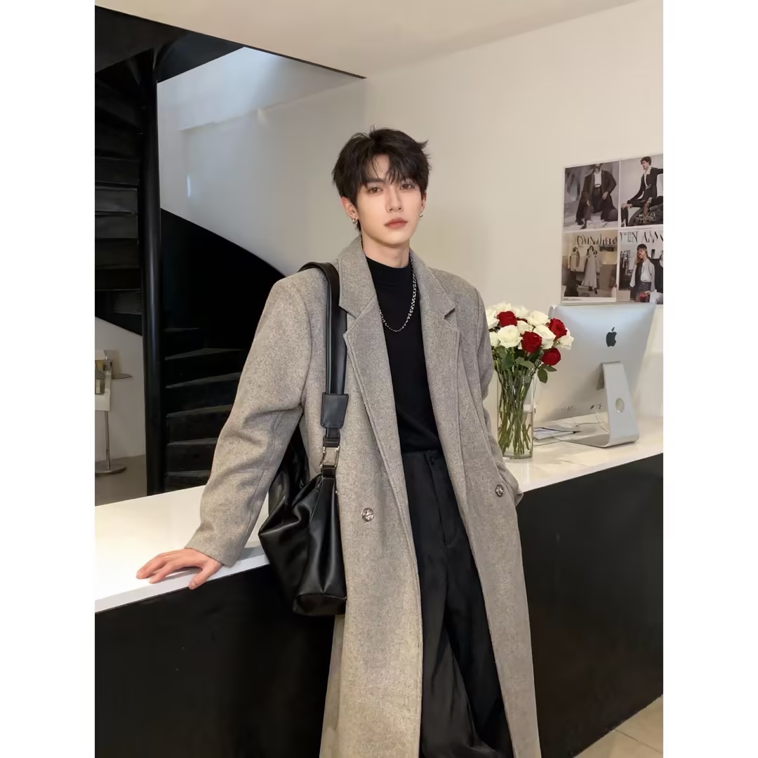 黑色中长款毛呢大衣男2025秋冬新款加棉厚外套高级感男生呢子风衣
