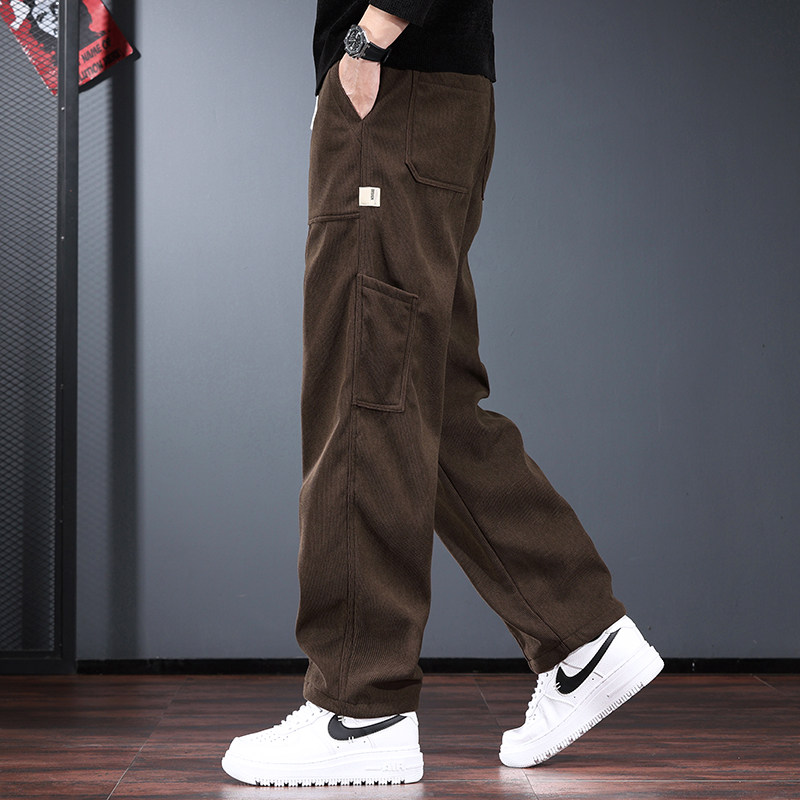 美式复古灯芯绒休闲裤男秋冬季宽松直筒裤潮牌咖啡色工装风加绒裤
