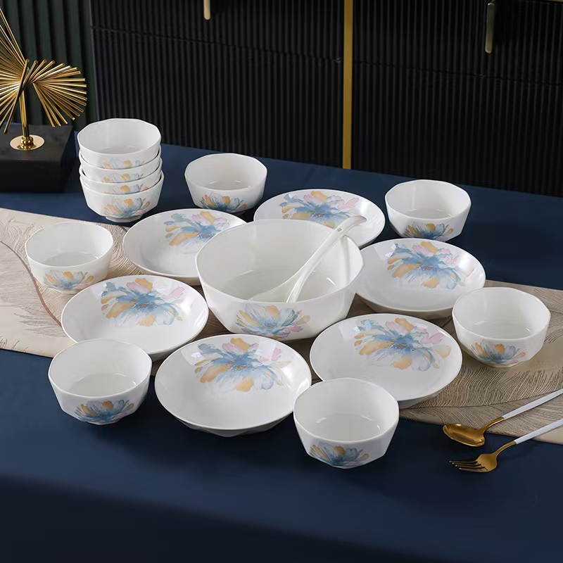 【不含礼盒】七彩绽放10碗6盘1汤碗1汤勺陶瓷餐具套组轻奢高档家用