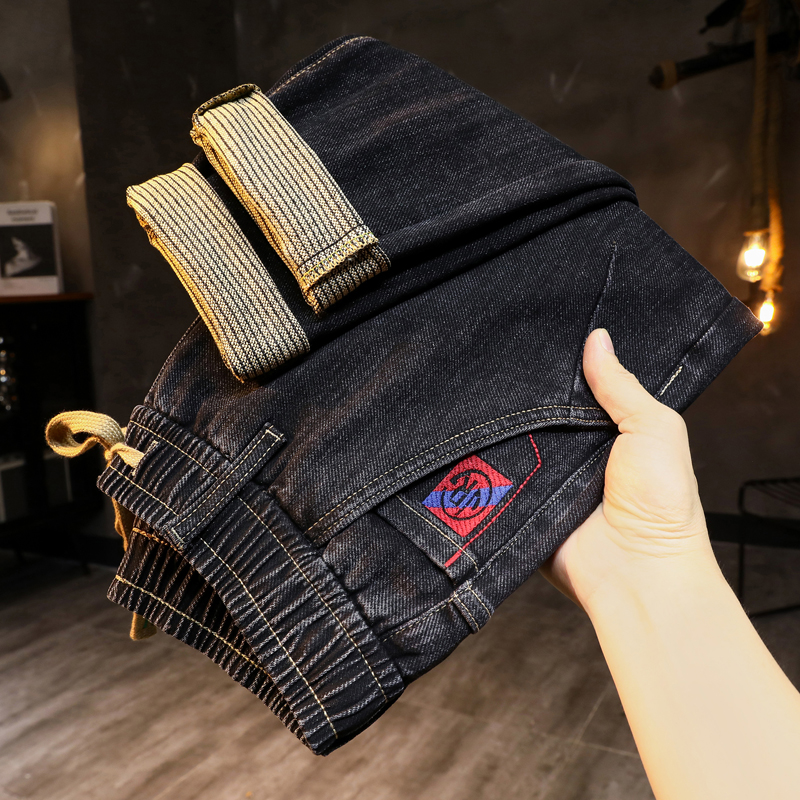 抽绳松紧腰牛仔裤男款秋季新款宽松小直筒锥形长裤休闲哈伦裤子男