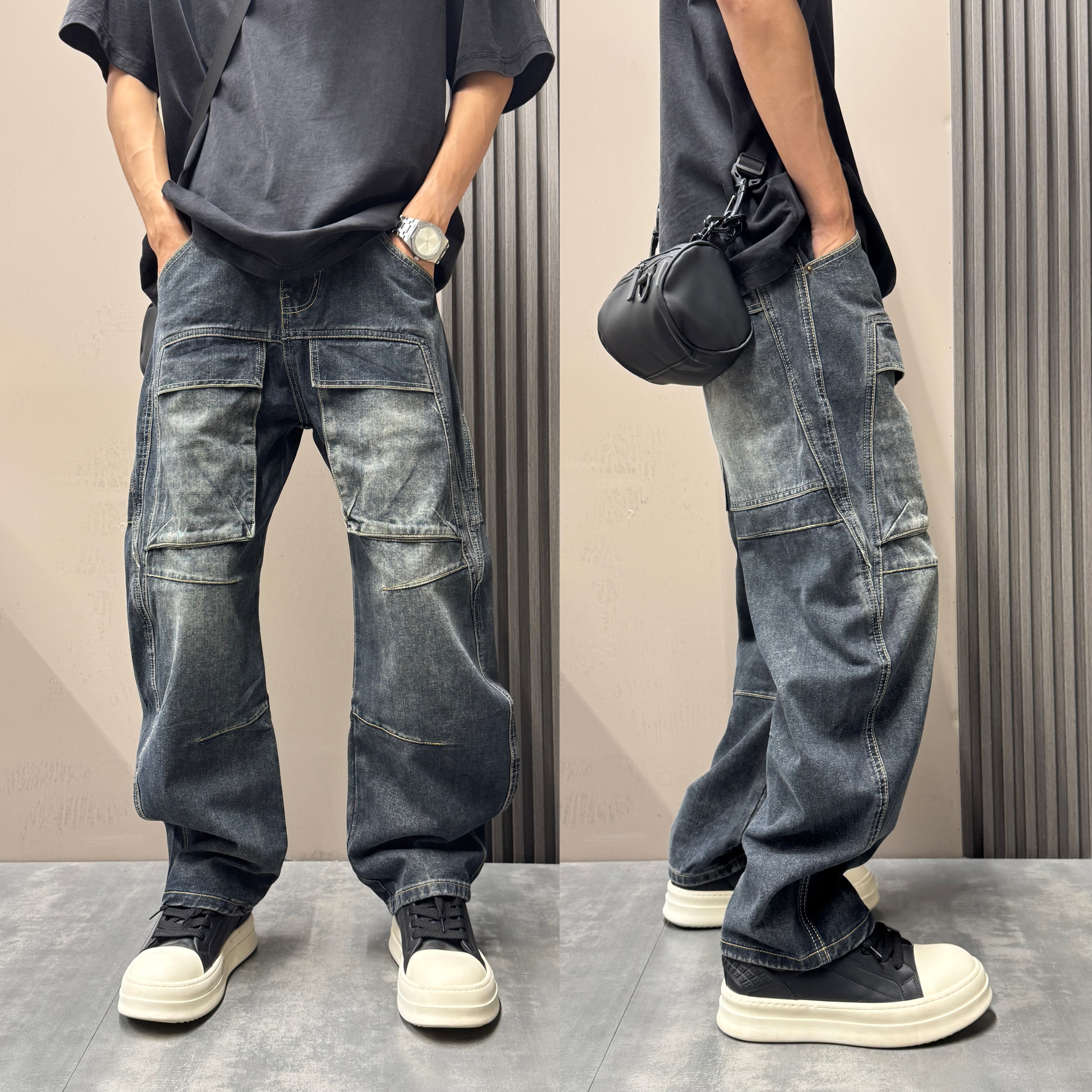 美式复古工装牛仔裤男秋冬加绒加厚潮流痞帅宽松水洗做旧直筒长裤