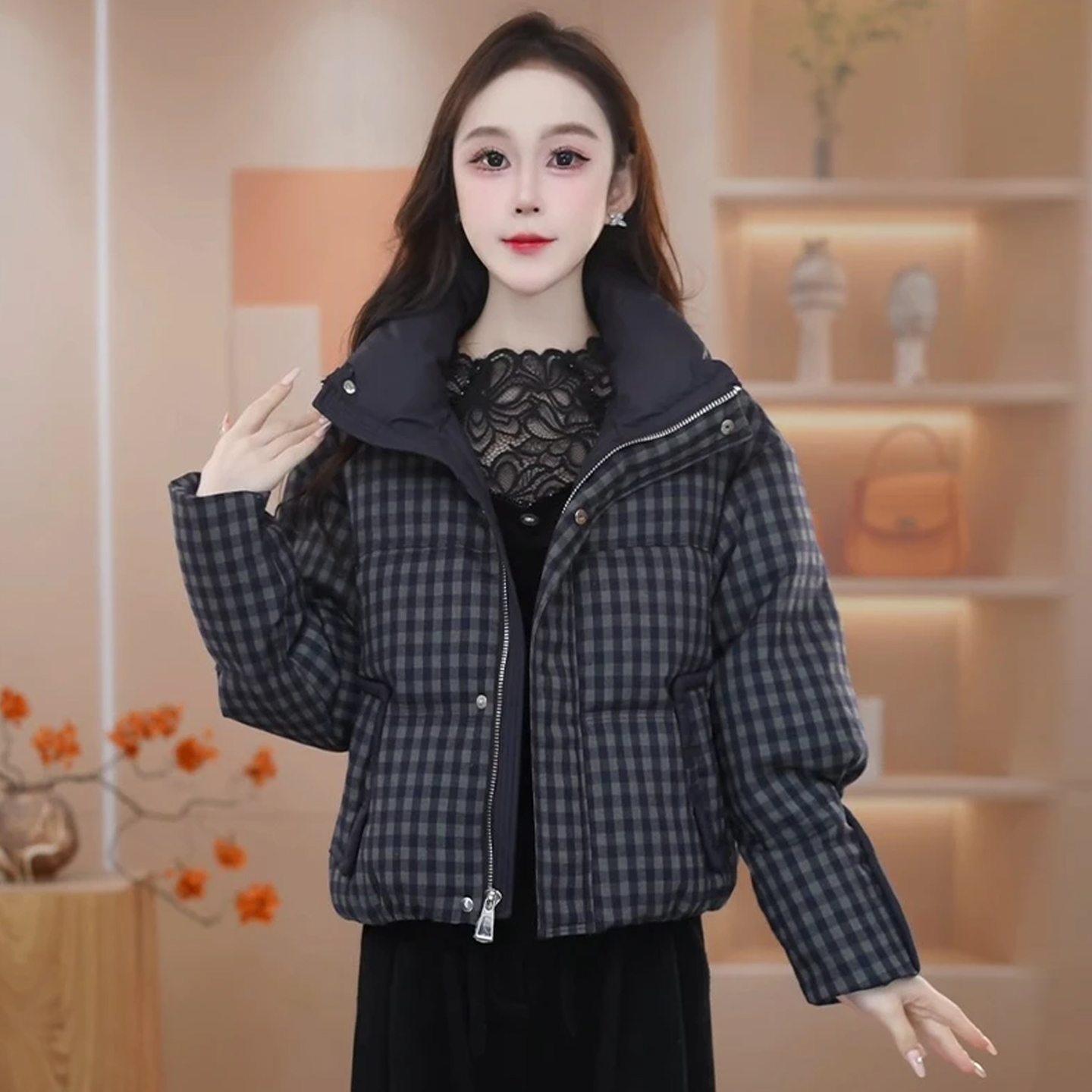 2025冬季新款小个子宽松立领格纹棉服女加厚面包服短棉袄外套