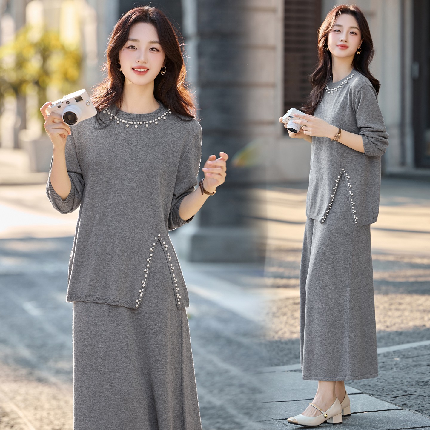 套装女春2025新款爆款高级感早秋钉珠休闲宽松气质半身裙两件套潮