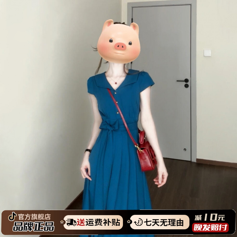 法式巨好看蓝色衬衫连衣裙女夏季2025新款高级感气质收腰显瘦长裙