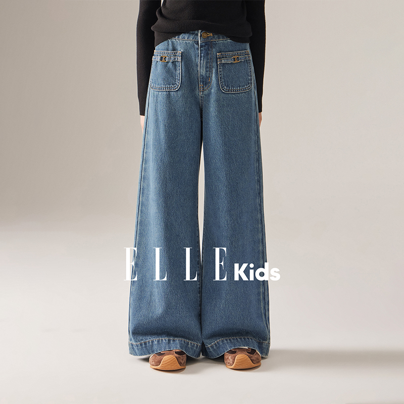 ELLE KIDS 童装 百搭复古水洗直筒休闲牛仔裤高腰时尚显瘦时髦Q3