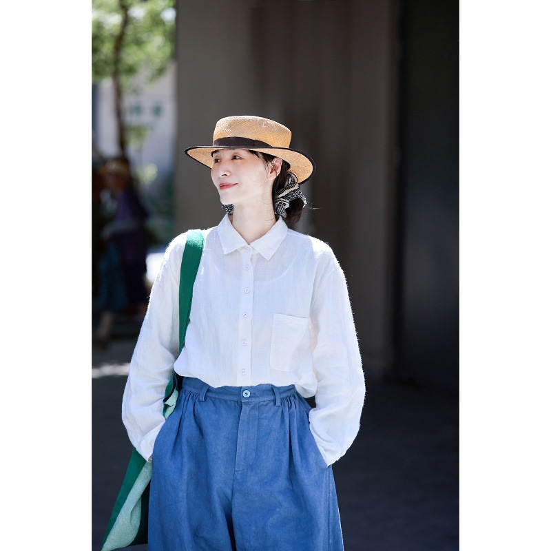 秋季新款文艺复古原创白色亚麻柔软翻领宽松防晒男友休闲衬衫女