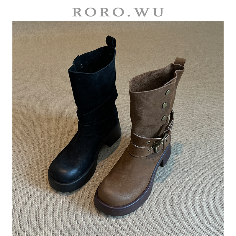 娆娆吴·头层牛皮复古皮带扣两穿纯色百搭厚底秋冬新款骑士靴X459