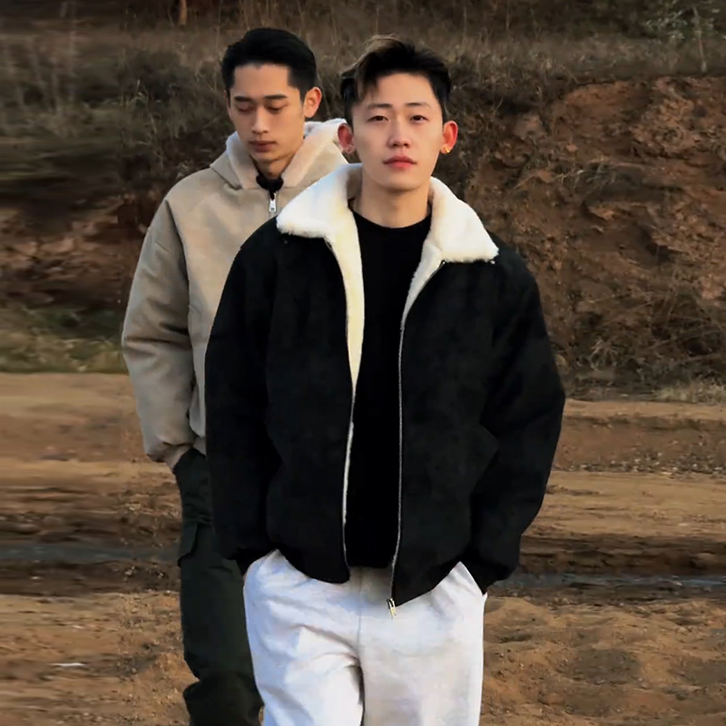 美式羊羔绒毛领棉服男款秋冬加绒加厚PU皮棉衣外套巴恩风工装夹克