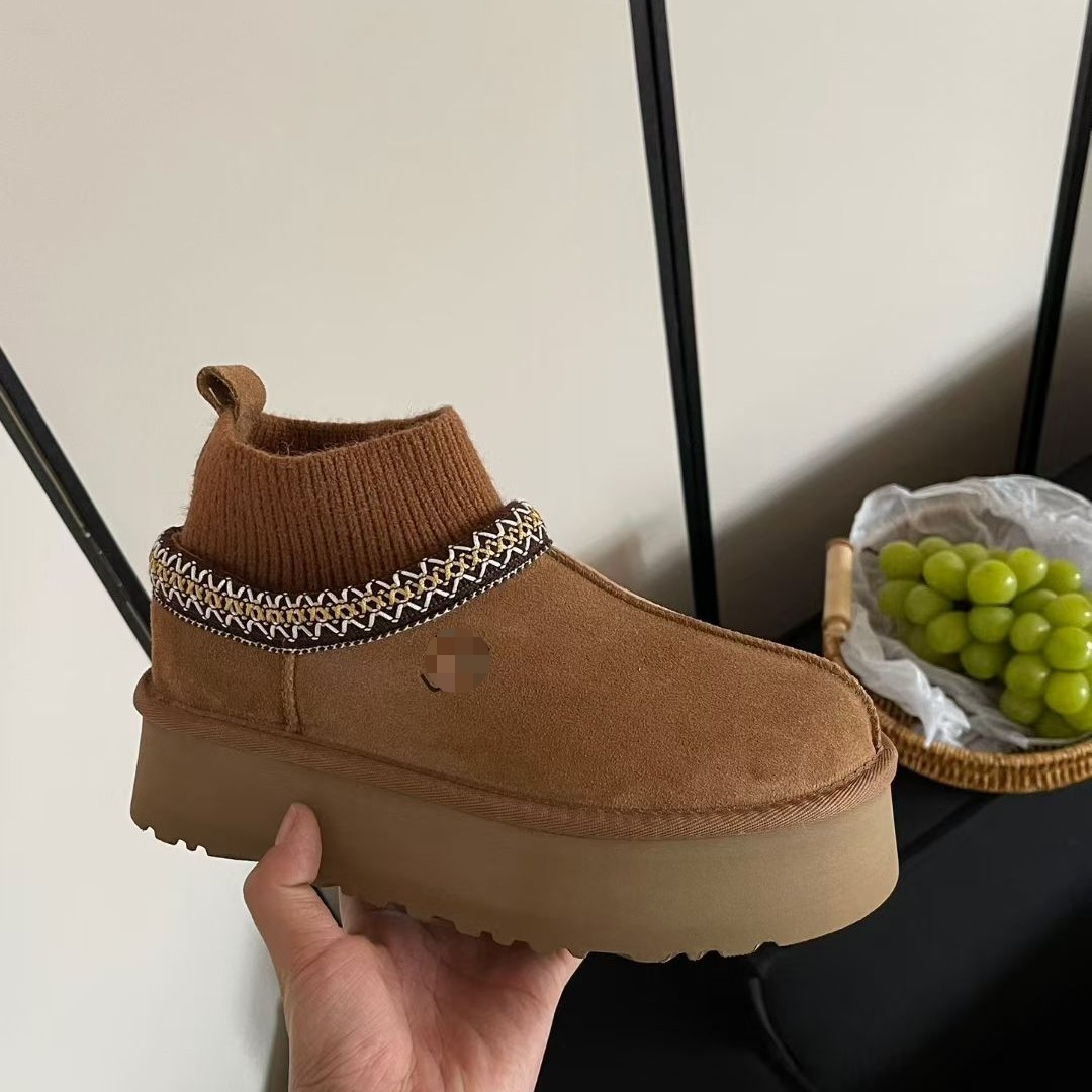 【万达撤柜】河南桑坡羊皮毛一体民族风编制厚底雪地靴女袜口时尚百