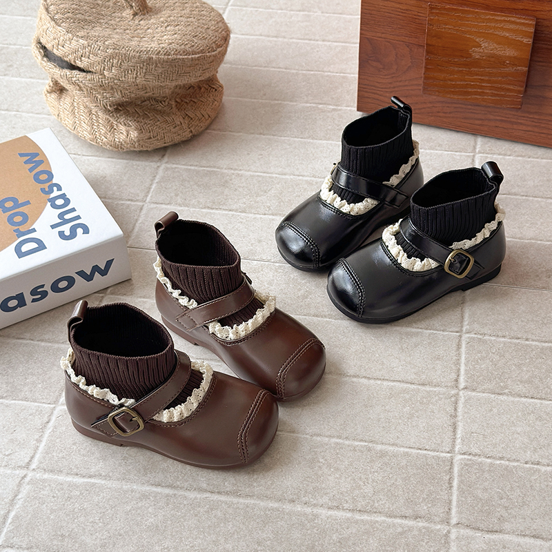 ABC 女童袜靴秋季新款儿童花边弹力袜子短靴宝宝公主单靴洋气皮靴