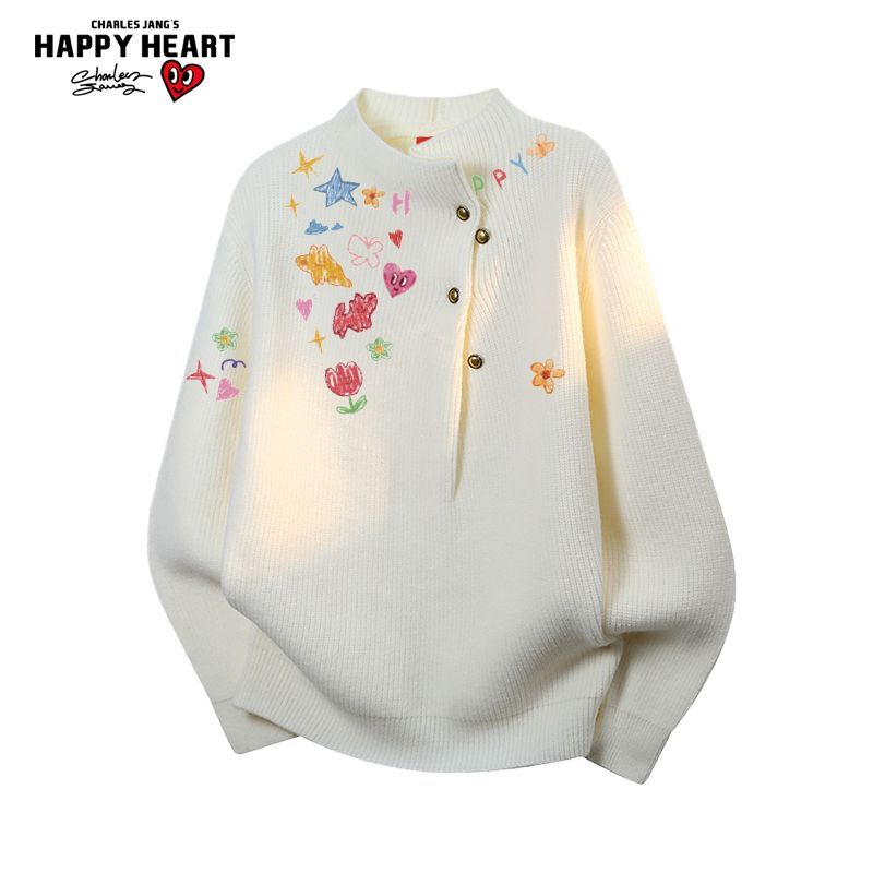 查尔斯桃心卡通涂鸦半高领冬季针织衫毛衣男女宽松休闲长袖上衣服