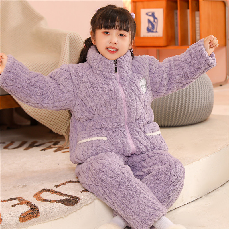 儿童睡衣加厚三层夹棉加绒中大童特厚男女童小孩子冬季保暖家居服