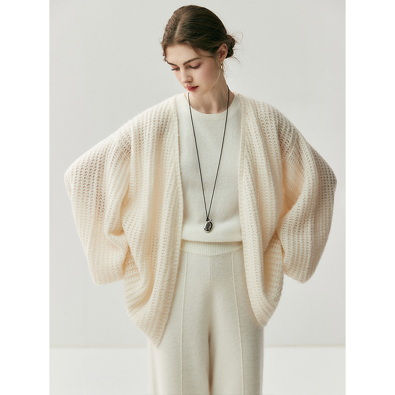 山羊绒开衫外套慵懒风女士秋冬宽松优雅气质无扣上衣镂空针织披肩