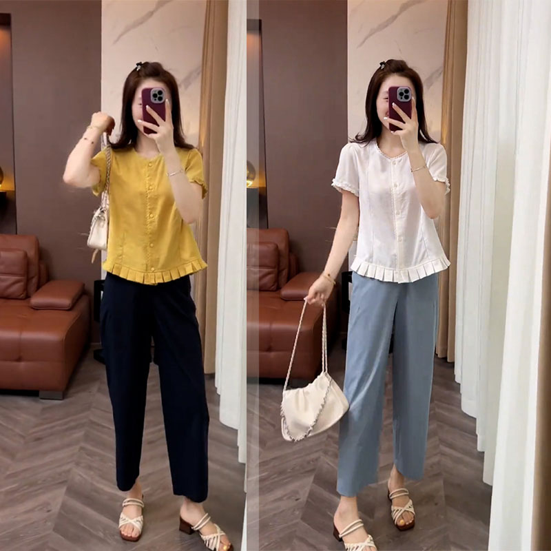 夏季高级感超好看纯色设计感短袖衬衫休闲九分裤显瘦洋气两件套装