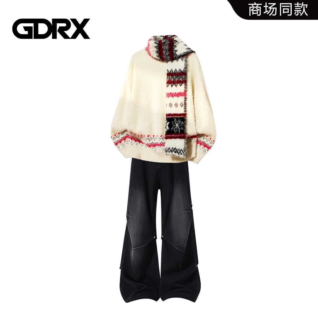 GDRX美式仿水貂绒带围巾针织毛衣套装男秋冬铆钉水洗牛仔裤两件套
