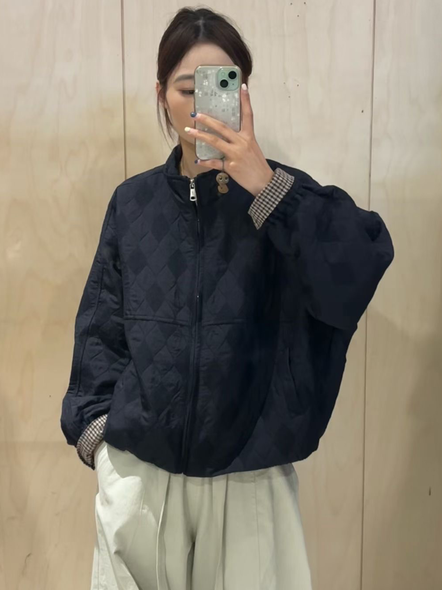 韩系菱形格袖口拼接棉衣短款外套女2025秋季新款宽松显瘦夹克上衣