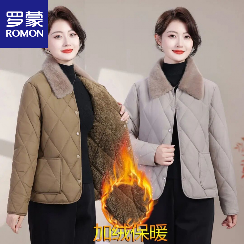 罗蒙中老年女式棉服洋气毛领棉衣轻薄妈妈装气质短款秋冬季小香风