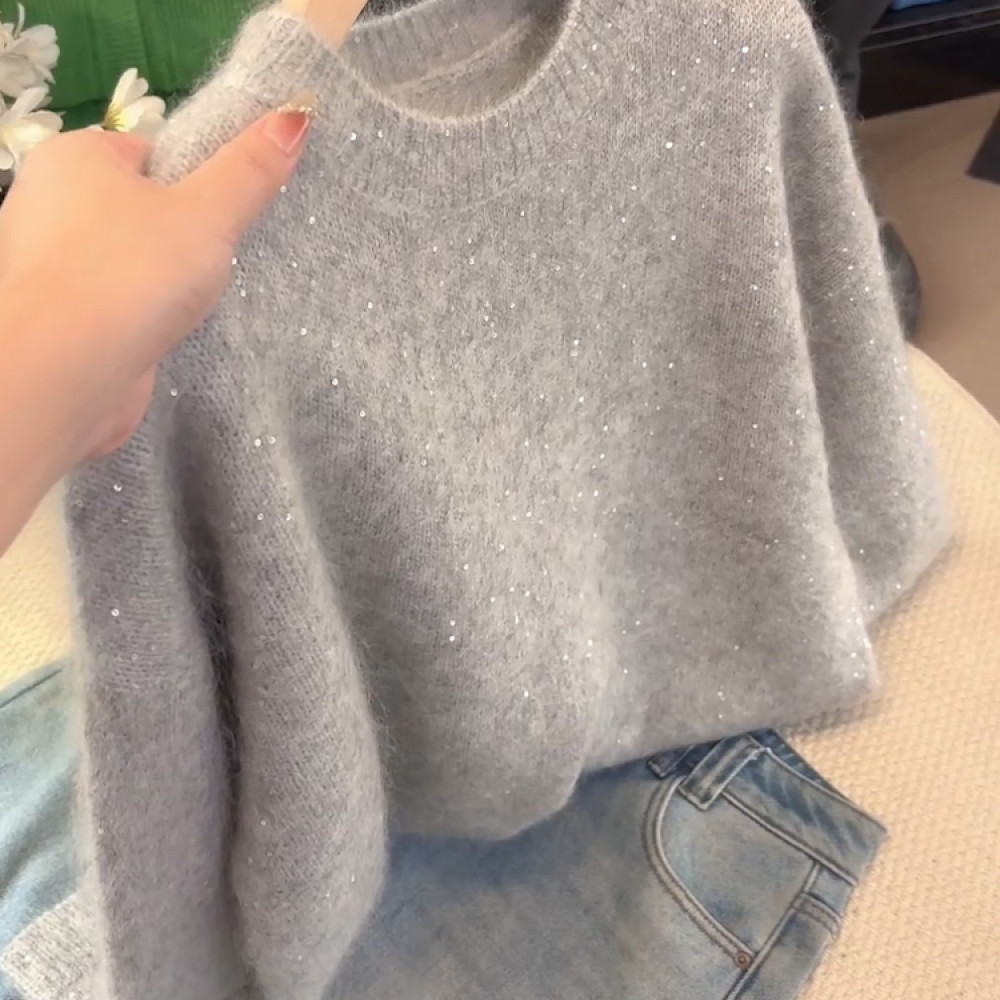 2025年冬季新款大码女装时尚韩系圆领亮片针织衫软糯毛衣长袖上衣