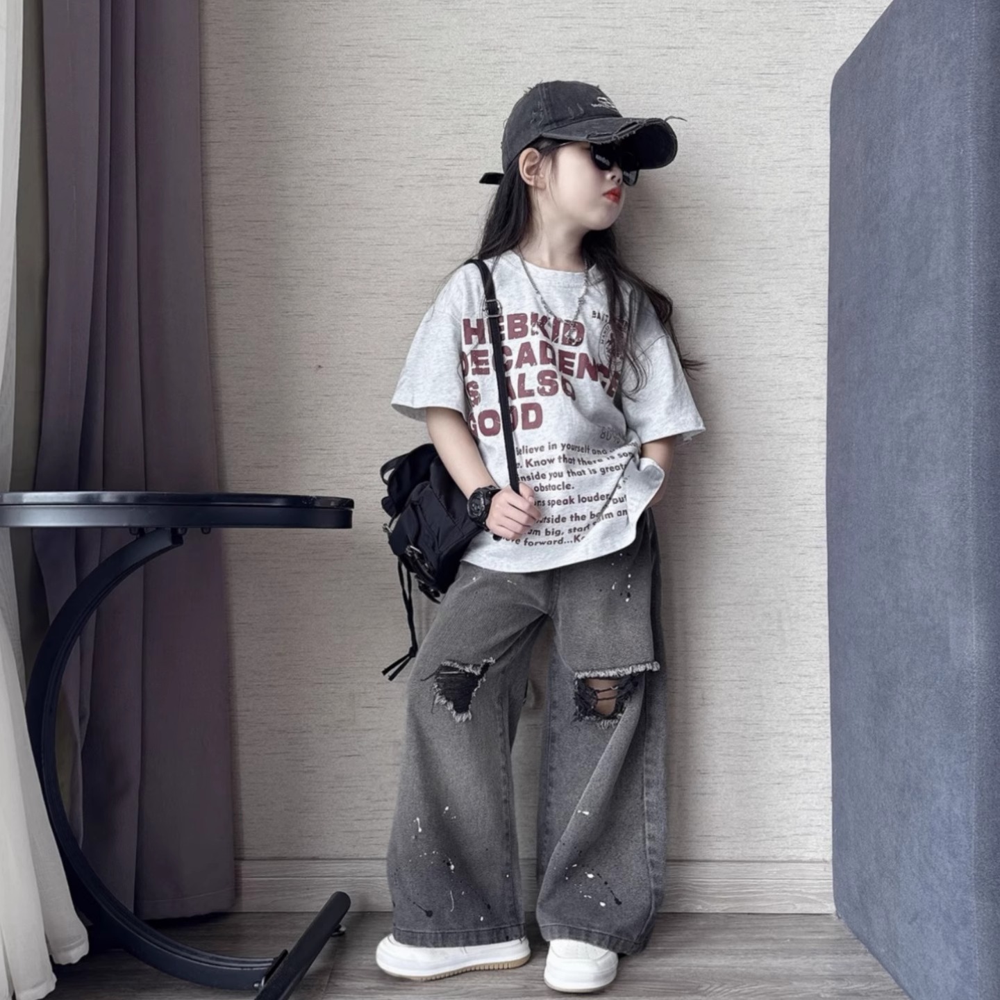 欧美高街字母喷墨印花短袖T恤男女童夏季潮酷破洞阔腿牛仔裤套装