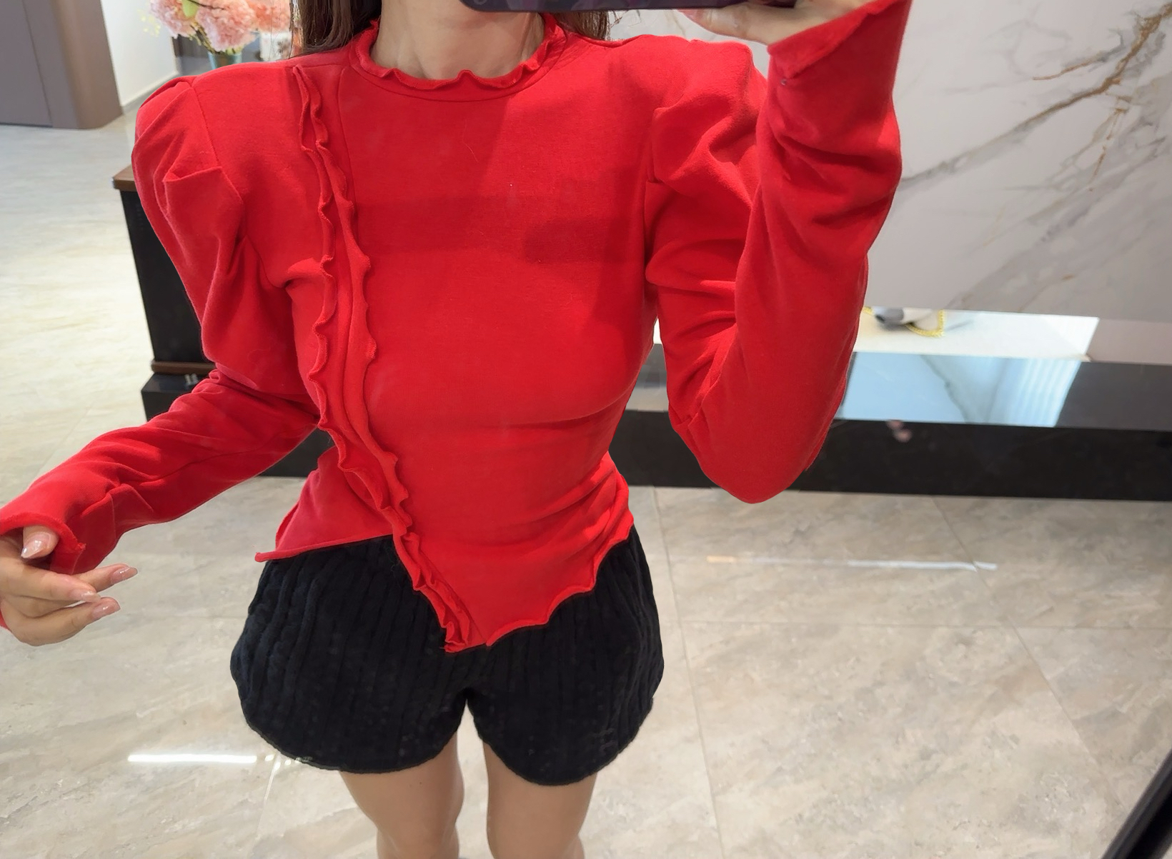 【浪漫限定】原单针织短裤 纯色木耳边领泡泡袖开叉长袖上衣