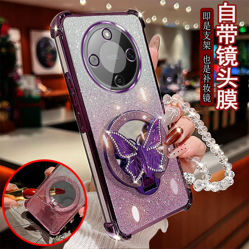 适用荣耀X70手机壳MTN-AN00镜头全包防摔套镶钻蝴蝶支架补妆镜子