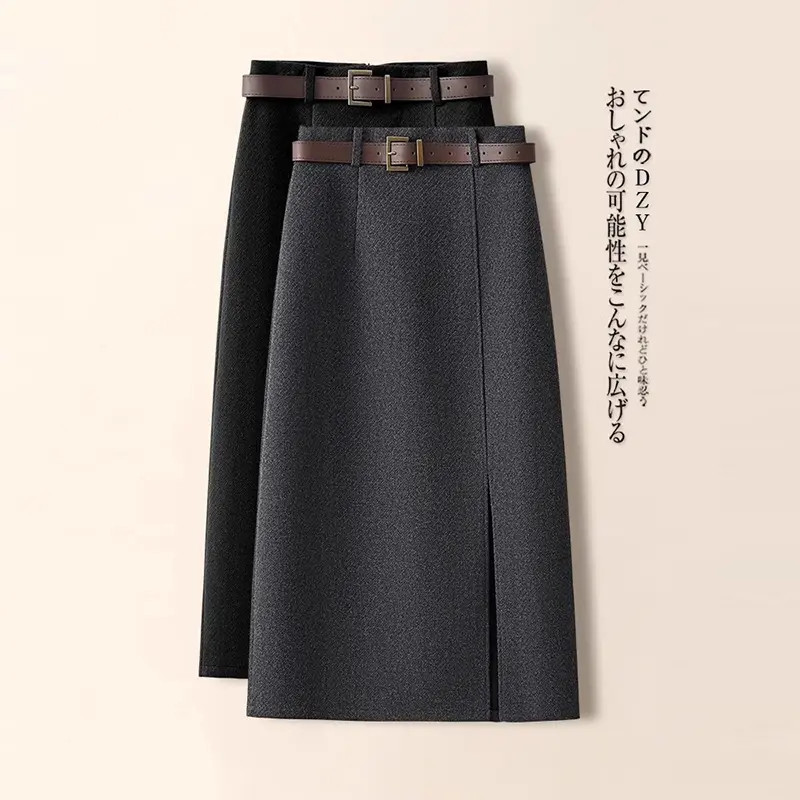 加厚毛呢a字半身裙女秋冬2025年新款高级感气质开叉直筒包臀裙子