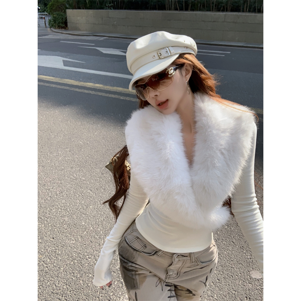 网红 白色大毛领T恤女冬修身辣妹内搭打底上衣