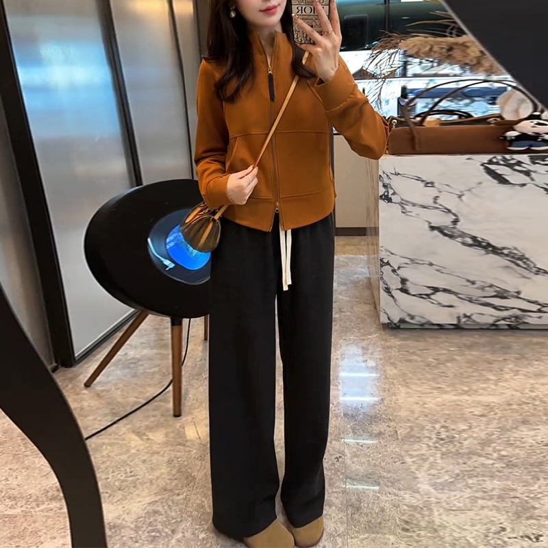 美式复古运动套装女2025年春秋新款显瘦立领卫衣外套阔腿裤两件套