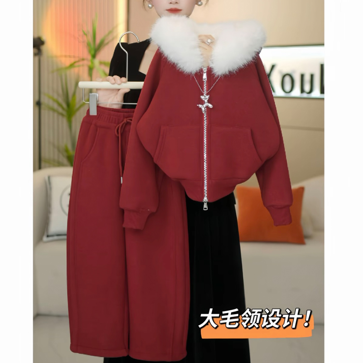 女童冬季毛领连帽上衣套装2025新款女宝加绒加厚外套弯刀裤两件套