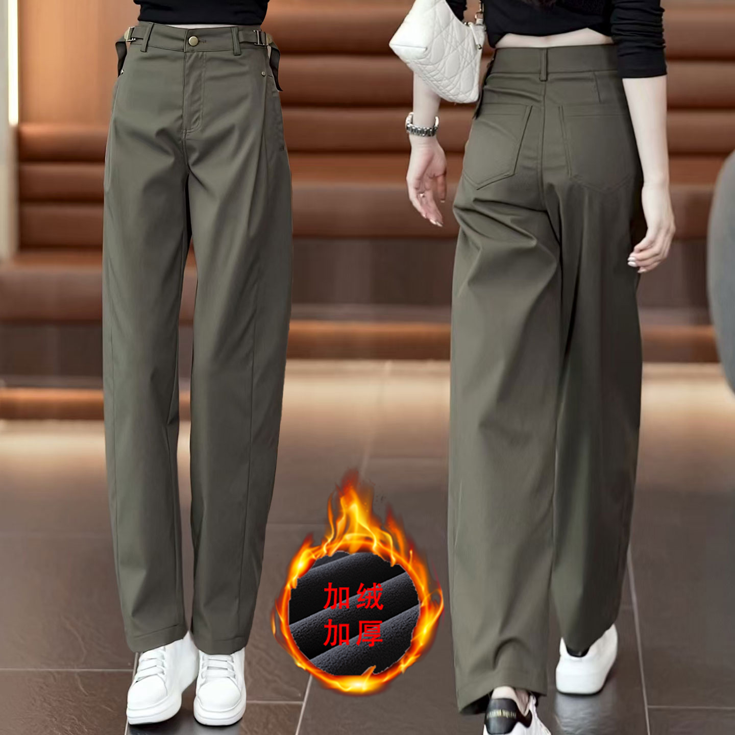 拉夏贝尔女弯刀裤时尚工装裤2025秋冬爆款加绒百搭宽松显瘦阔腿裤