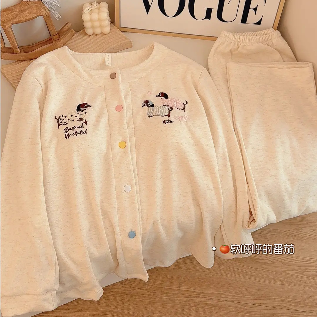 韩味狗狗｜甜美刺绣带胸垫女秋冬加厚阳离子绒保暖长袖开衫睡衣