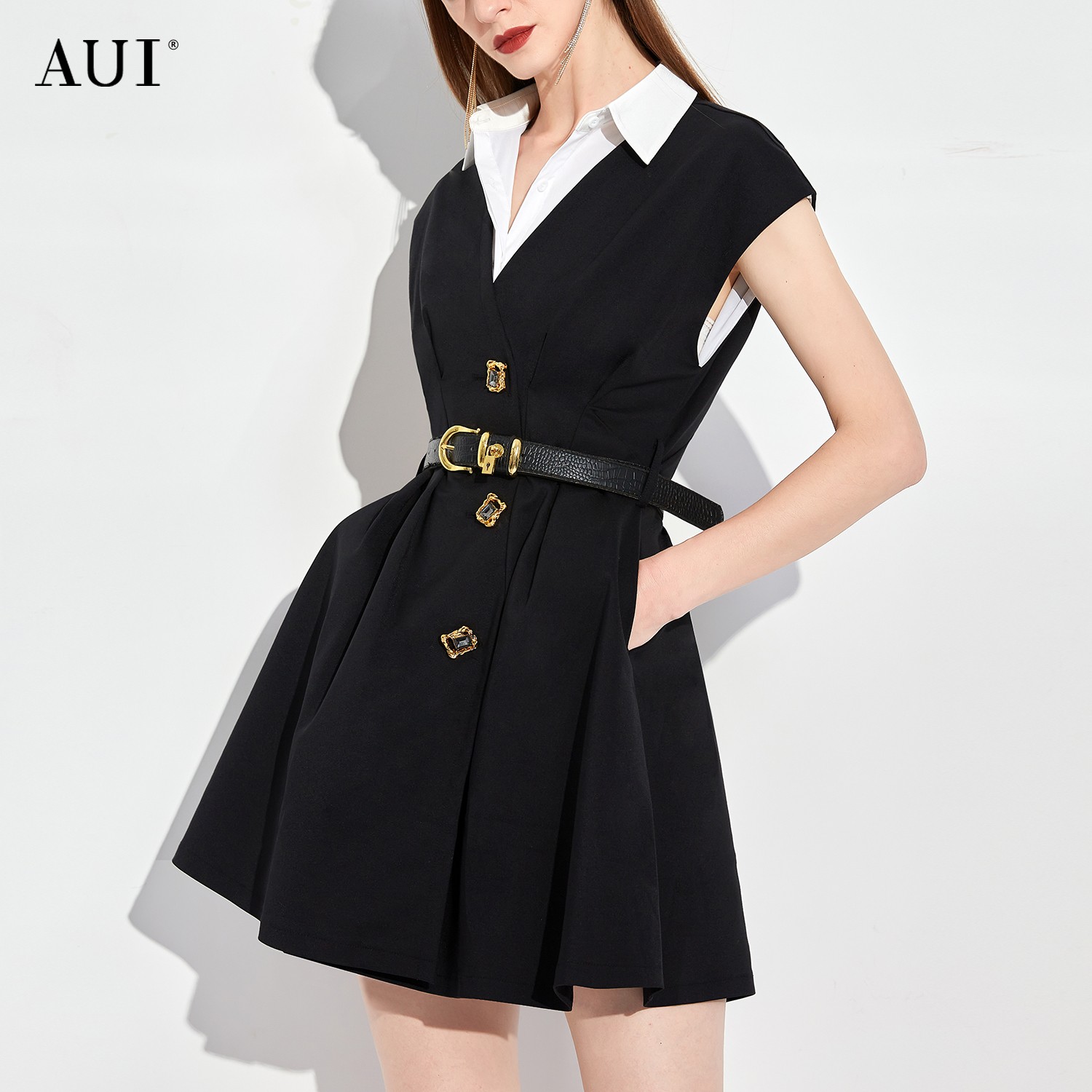 【AUI】AUI黑色职业设计感假两件衬衫裙秋季西装裙23C012120
