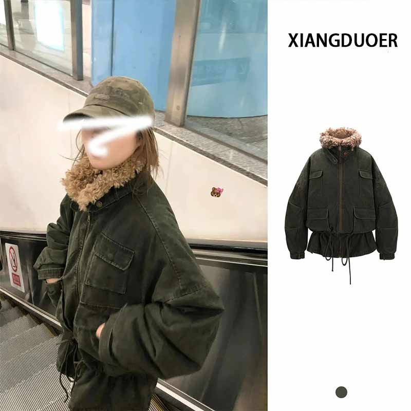 复古水洗做旧下摆抽绳花苞夹克收腰修身外套工装棉服女冬季韩版