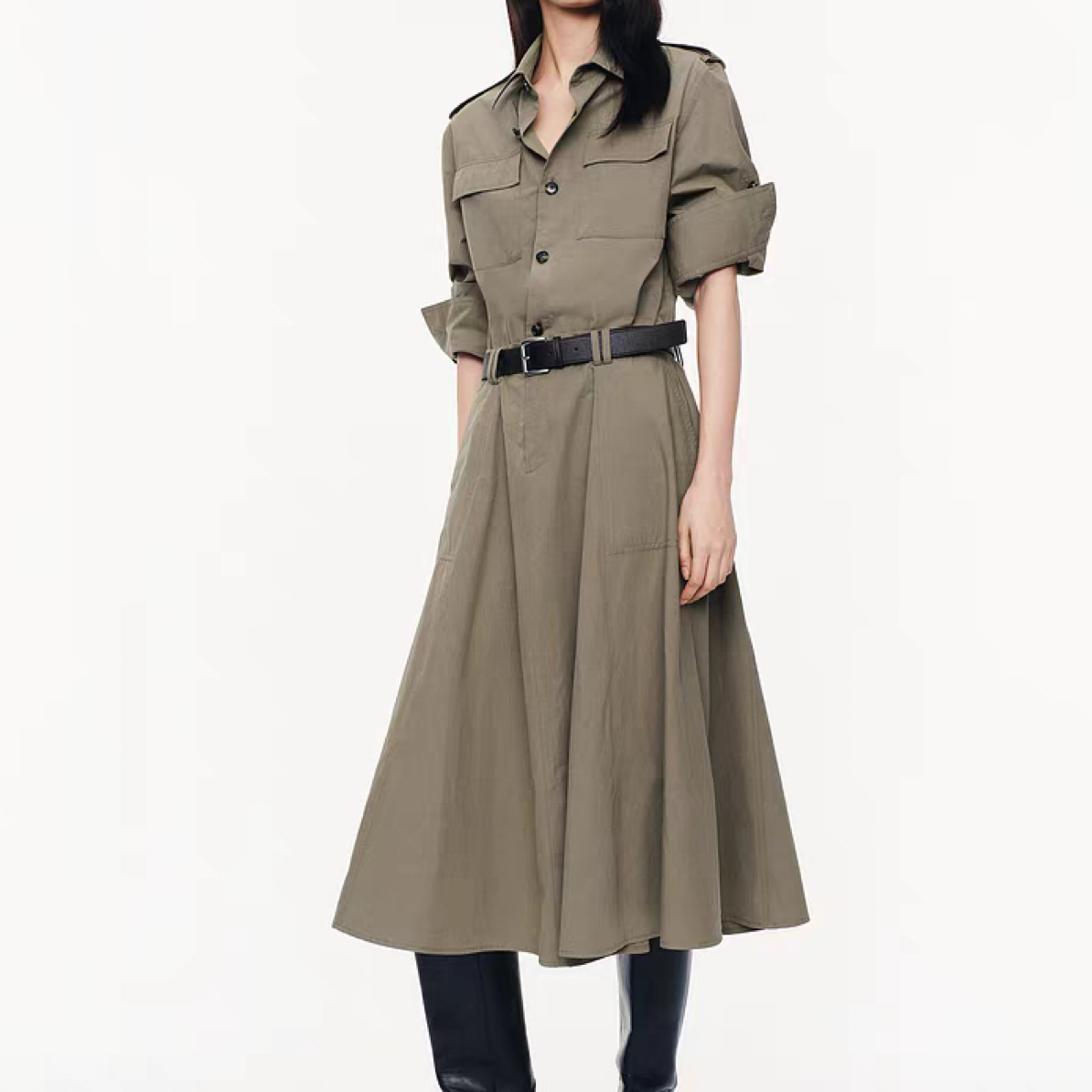 MO法式慵懒连衣裙2025秋新品洗水全棉工装裙附腰带MBE3DRS007