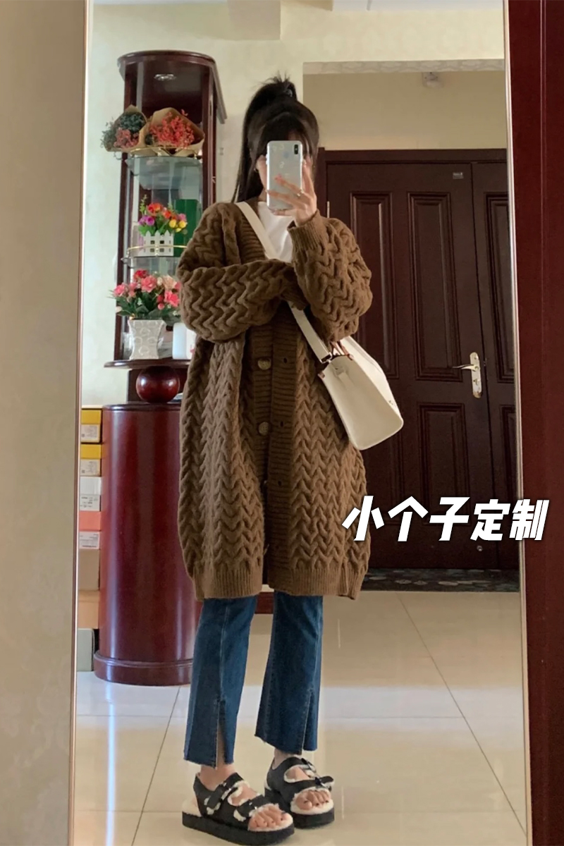150小矮个子麻花毛衣开衫女秋冬慵懒风长款针织外套xs显瘦穿搭配